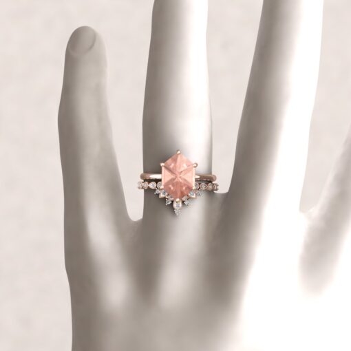 Custom Cut Hexagon Morganite Engagement Ring with Diamond Crown Wedding Ring - Image 7