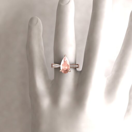 Custom Elongated Pear Cut Morganite and Diamond Ring - Image 5