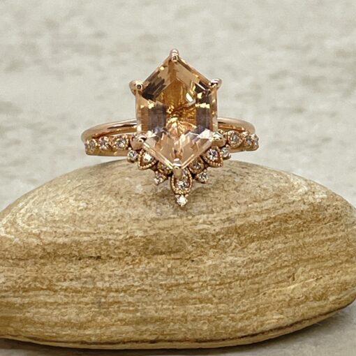 Custom Cut Hexagon Morganite Engagement Ring with Diamond Crown Wedding Ring - Image 2