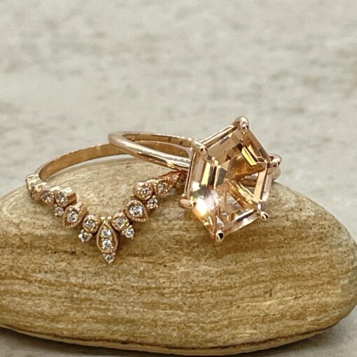 Custom Cut Hexagon Morganite Engagement Ring with Diamond Crown Wedding Ring - Image 3