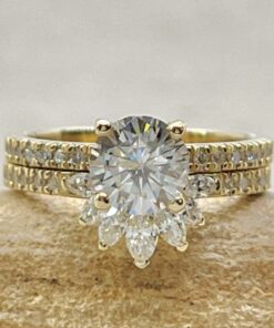 Certified Moissanite Diamond Crown Bridal Ring Set Yellow Gold LS6930