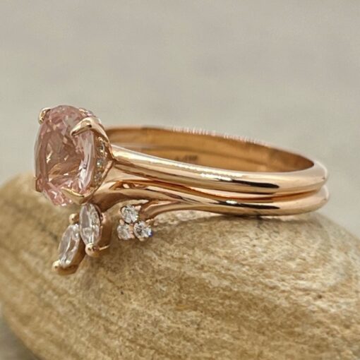 Certified Oval Cut Peach Sapphire Ring Set Vine Band Rose Gold LS6900