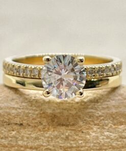 Diamond Moissanite Engagement Ring Plain Band Set Yellow Gold LS6932