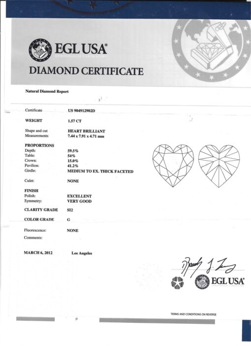 EGL Certified Heart Natural Diamond Engagement Ring Certificate LS6941