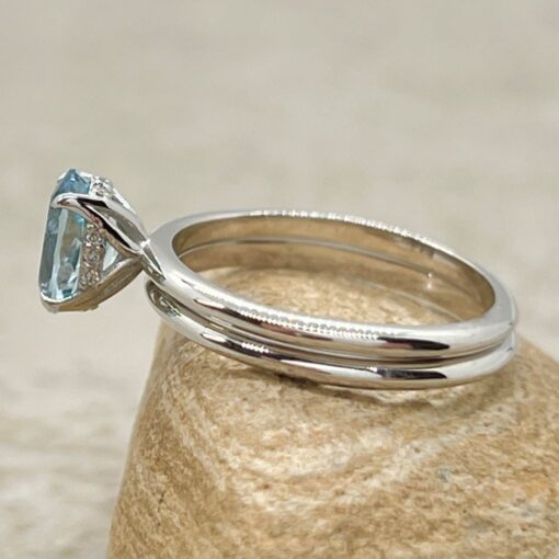 Hidden Halo Aquamarine Ring Set Plain Band White Gold Platinum LS6890