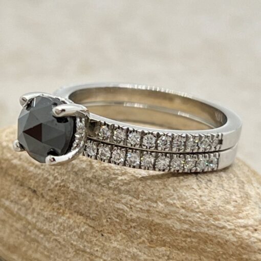 Hidden Halo Black Diamond Matching Ring Set White Gold Platinum LS6937