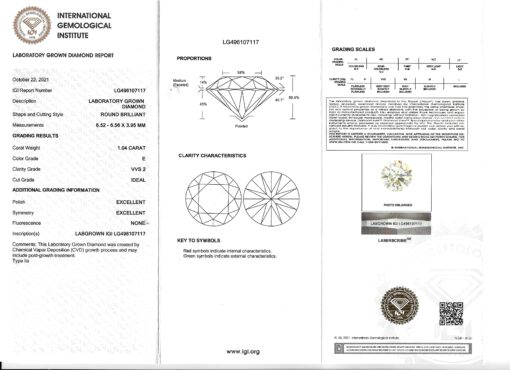 IGI Certified Lab Round Cut Diamond Engagement Ring Certificate LS6868