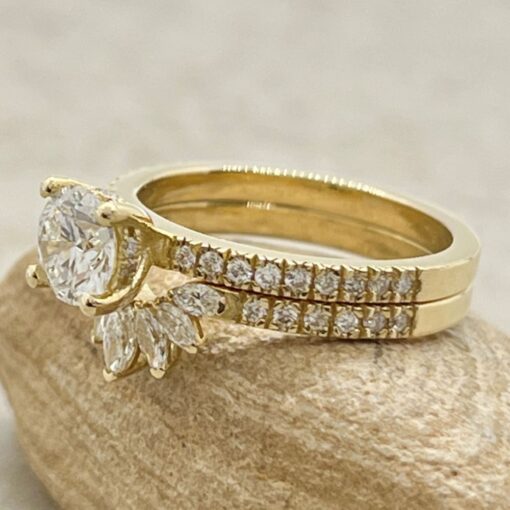 Lab Diamond Engagement Ring Marquise Cut Crown Band Yellow Gold LS6933