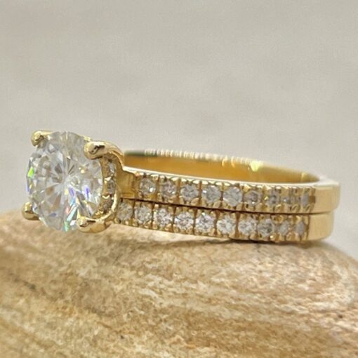 Matching Round Cut Moissanite Diamond Wedding Rings Yellow Gold LS6931