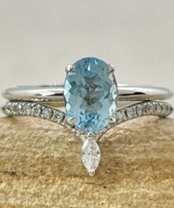 Oval Aquamarine Ring Set Crown Wedding Band White Gold Platinum LS6893