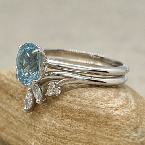 Oval Aquamarine Ring Vine Wedding Band Set White Gold Platinum LS6892