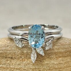 Oval Cut Aquamarine Ring Set Diamond Band White Gold Platinum LS6892