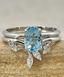 Oval Cut Aquamarine Ring Set Diamond Band White Gold Platinum LS6892