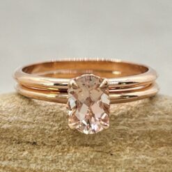 Oval Cut Peach Morganite Ring Set Diamond Hidden Halo Rose Gold LS6894