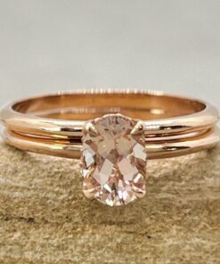 Oval Cut Peach Morganite Ring Set Diamond Hidden Halo Rose Gold LS6894