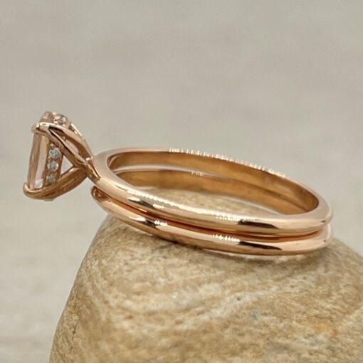 Oval Cut Peach Morganite Ring Set Plain Wedding Band Rose Gold LS6894