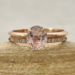 Oval Cut Peach Sapphire Diamond Engagement Ring Set Rose Gold LS6899