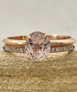 Oval Cut Peach Sapphire Diamond Engagement Ring Set Rose Gold LS6899