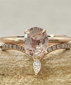 Oval Cut Peach Sapphire Diamond Ring Set Hidden Halo Rose Gold LS6901