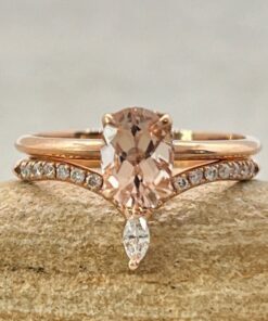 Oval Cut Peachy Pink Morganite Ring Set Diamond Band Rose Gold LS6897