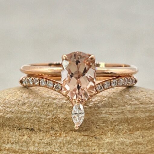 Oval Cut Peachy Pink Morganite Ring Set Diamond Band Rose Gold LS6897