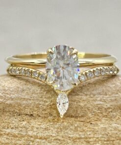Oval Moissanite Diamond Ring Bridal Set Crown Band Yellow Gold LS6889