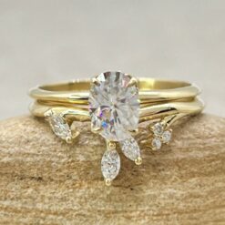 Oval Moissanite Ring Set Marquise Vine Wedding Band Yellow Gold LS6888