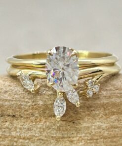Oval Moissanite Ring Set Marquise Vine Wedding Band Yellow Gold LS6888