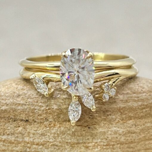 Oval Moissanite Ring Set Marquise Vine Wedding Band Yellow Gold LS6888