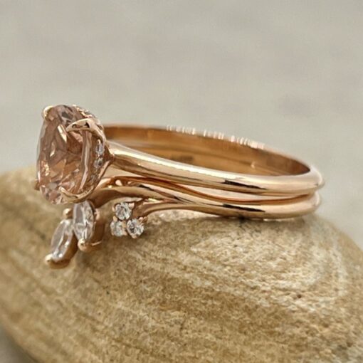 Oval Morganite Engagement Ring Set Vine Wedding Band Rose Gold LS6896