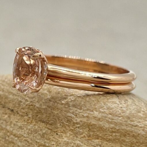 Oval Peach Pink Morganite Ring Set Plain Wedding Band Rose Gold LS6894