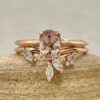 Oval Peachy Pink Morganite Diamond Ring Set Vine Band Rose Gold LS6896