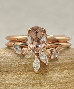 Oval Peachy Pink Morganite Diamond Ring Set Vine Band Rose Gold LS6896