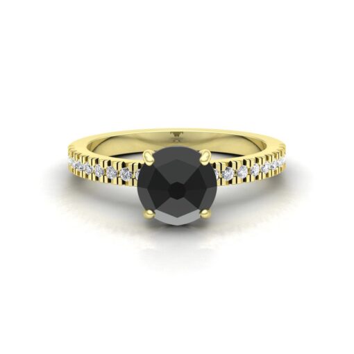 Round Cut Black Diamond Engagement Ring Hidden Halo Yellow Gold LS6919