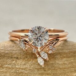 Round Cut Diamond Ring Bridal Set Marquise Vine Band Rose Gold LS6969