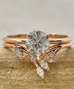 Round Cut Diamond Ring Bridal Set Marquise Vine Band Rose Gold LS6969