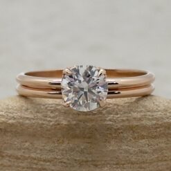 Round Lab Diamond Engagement Ring Matching Plain Band Rose Gold LS6967