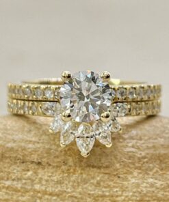Round Lab Diamond Ring Hidden Halo Set Crown Band Yellow Gold LS6933