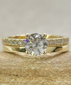 Round Lab Grown Diamond Ring Bridal Set Plain Band Yellow Gold LS6935