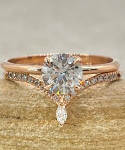 Round Lab Grown Diamond Ring Set Marquise Crown Band Rose Gold LS6970