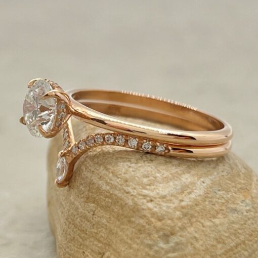 Round Lab Grown Diamond Ring Set Tiara Wedding Band Rose Gold LS6970