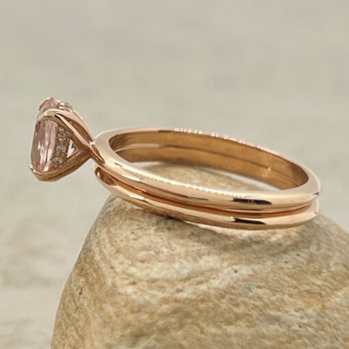 Untreated Oval Cut Peach Sapphire Hidden Halo Ring Set Rose Gold L6898