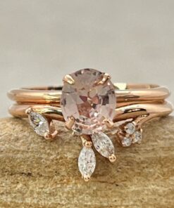 Untreated Oval Cut Peach Sapphire Hidden Halo Ring Set Rose Gold LS6900