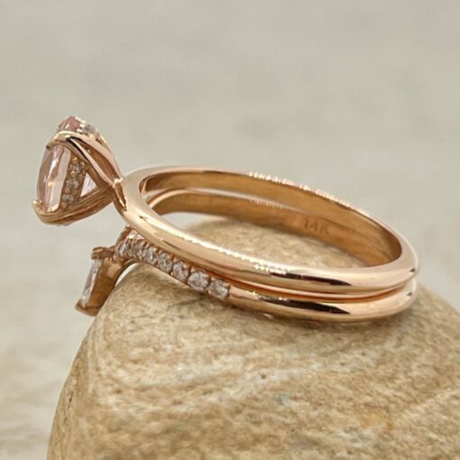 Untreated Peach Sapphire Ring Set Diamond Crown Band Rose Gold LS6901