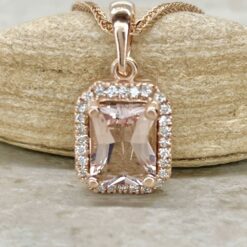 AAA Peach Pink Radiant Morganite Pendant Diamond Halo Rose Gold LS7083