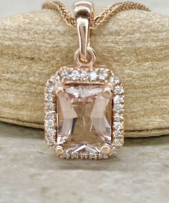 AAA Peach Pink Radiant Morganite Pendant Diamond Halo Rose Gold LS7083