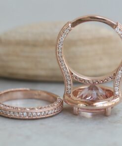 Pave Morganite Engagement Ring Milgrain Triple Shank Rose Gold LS7085