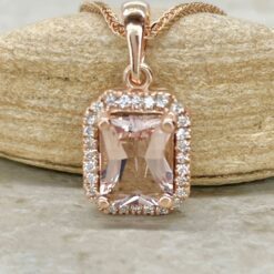 Peachy Pink Radiant Morganite Pendant Diamond Halo Rose Gold LS7083