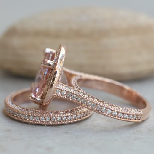 Pink Morganite Engagement Ring Milgrain Diamond Halo Rose Gold LS7085