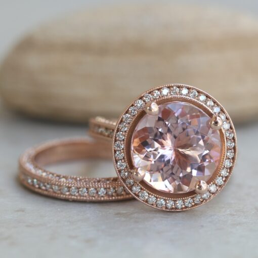 Pink Round Cut Morganite Diamond Engagement Ring Set Rose Gold LS7085